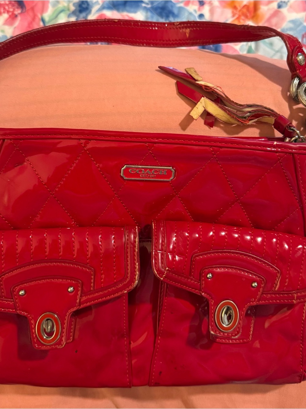 Coach Red Quilted Patent Bag with Dual Front Pockets
